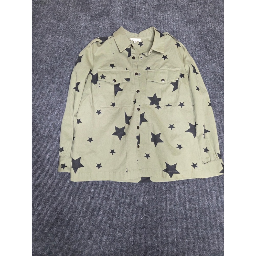 Promesa Womens Star Print Utility Shirt Jacket Olive Green‎ Black Snap Front M